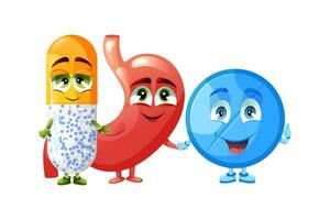 Cute stomach and medicine pills cartoon characters holding hands and smiling vector
