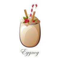 Glass of eggnog drink with berries, cinnamon and lollipops composition vector