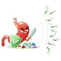 Cartoon stomach character with pills, shield and sword fighting against helicobacter pylori bacteria vector