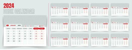 Desk calendar 2024 template design, monthly calendar, table calendar, office calendar 2024. with editable elements. vector