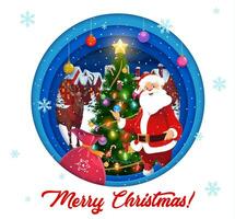 Christmas paper cut round banner with Santa Claus vector