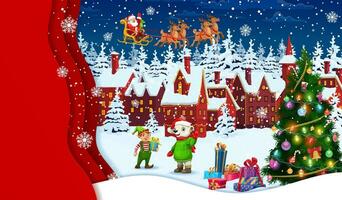 Christmas paper cut town with holiday characters vector