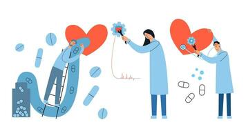 Set of doctors treating heart. Cardiologists. Vector illustration in flat style