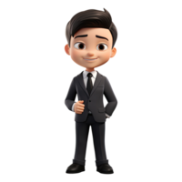 ai generato 3d carino cartone animato uomo d'affari personaggio nel nero completo da uomo su trasparente sfondo png