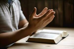 manos juntos en Orando a Dios a lo largo con el santo Biblia libro. ai generativo foto