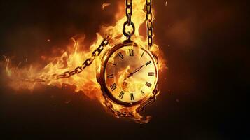 Burning Clock with chain hit on concreat floor,running out of time concept. photo