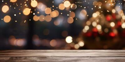 empty wooden table with golden bokeh and blurred strret light Christmas market,Christmas background photo