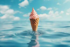 An ice cream cone floating on top of a body of water, Generative AI photo