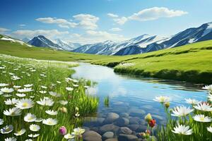 un pintura de un río rodeado por césped y flores, generativo ai foto