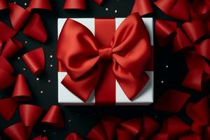 A white box with a red bow surrounded by red bows, Generative AI photo