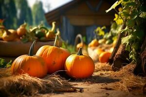 A group of pumpkins sitting on top of a pile of hay, Generative AI photo