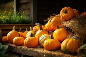 A group of pumpkins sitting on top of a pile of hay, Generative AI photo