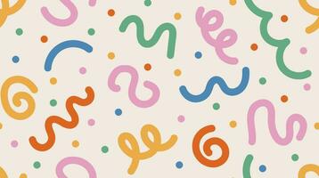 Fun colorful abstract background in doodle style. Creative minimalist hand drawn seamless pattern with bright cute elements. Random colorful swirls, bundles and dots. Simple childish scribble backdrop vector