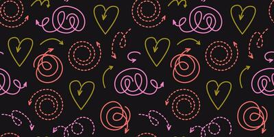 Modern abstract arrows seamless pattern. Hand-drawn doodles and scribbles. Playful line art shapes and figures. Bold bright retro colors. Background, digital paper, wallpaper. vector