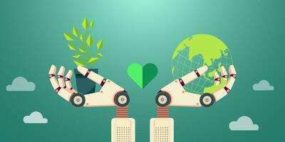 Robot hand holding green plant or tree seedlings and green Earth, concept of applying Ai,Artificial Intelligence Technology in Agriculture and nature conservation,Clean energy AI technology. vector