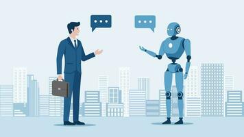 Artificial intelligence and Ai technologies assistance concept, businessman talking to android modern robot making research business plan,Human using chatbots generates image,articles,image,program. vector