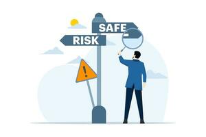 Risk Management concept, businessman using magnifying glass and making decisions and choices, Way of life and career, choosing the path of risk or safety, People think about choosing the right way. vector