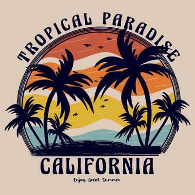 California Tropical Holidays Paradise Beach Vibes. Endless summer. Summer good vibes graphic print design for t shirt print, poster, sticker, background.
