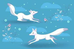 Cute White Foxes Play on Clearing in Winter, Red berries and Birds. Snowflakes and mounds. Vector illustration great for backgrounds, prints and textiles on winter themes