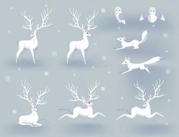 Winter animals collection. Set of flat minimal vector illustrations of polar Deer different poses. Fox, Owl. Cute cards for memory game. Drawing white elements isolated