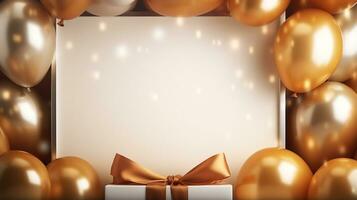 empty frame with golden,white balloons and golden gift box ,with copyspace and place for text photo