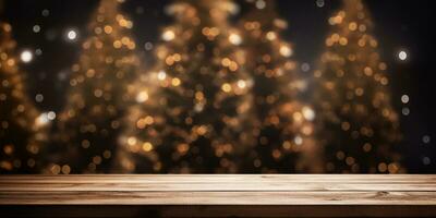 empty wooden table with golden bokeh and blurred strret light Christmas market,Christmas background photo