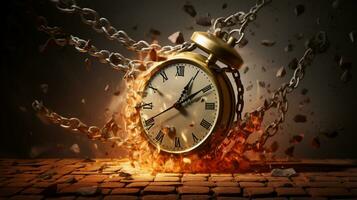 Burning Clock with chain hit on concreat floor,running out of time concept. photo