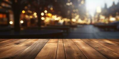 empty wooden table with golden bokeh and blurred strret light Christmas market,Christmas background photo