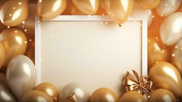 empty frame with golden,white balloons and golden gift box ,with copyspace and place for text photo