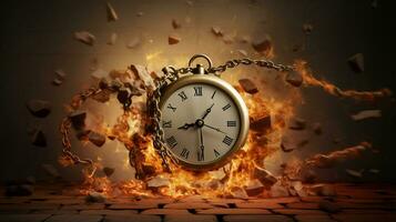 Burning Clock with chain hit on concreat floor,running out of time concept. photo