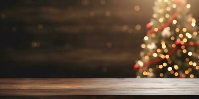 empty wooden table with golden bokeh and blurred strret light Christmas market,Christmas background photo