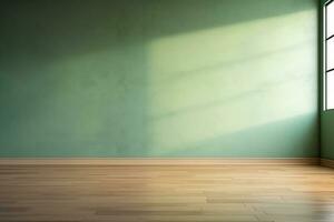 empty room light green wall and wooden floor ,Empty showcase for product presentation photo
