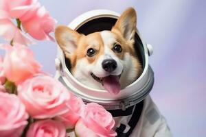 cute corgi wearing astronaut uniform portrait studio shot with pink flowers photo