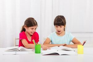 linda pequeño muchachas haciendo deberes juntos foto