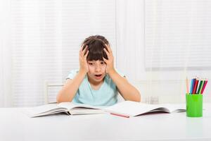 Little girl is in panic because of her homework photo