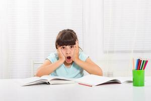 Little girl is in panic because of her homework photo