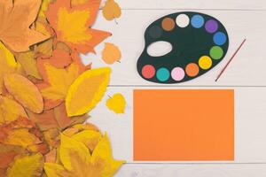 autumn leaves and paint palette on white wooden background photo