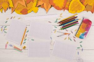 Autumn leaves and school supplies on white wooden table top view photo