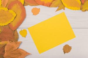 Autumn leaves and yellow paper on wooden table photo