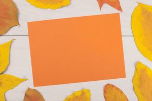 Autumn leaves and orange paper on a white wooden background photo