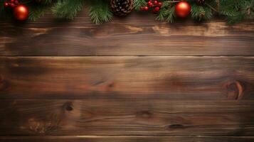 top view of empty wooden table with Christmas decoration and copyspace for text,Christmas background photo