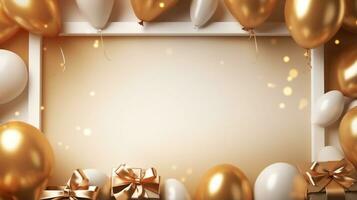 empty frame with golden,white balloons and golden gift box ,with copyspace and place for text photo