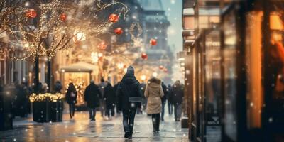 motion blurred street view and motion blurred prople walking along the street in winter season,winter Christmas market photo