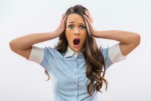 Image of businesswoman in panic on gray background photo