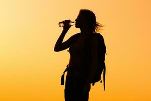 Woman hiker drinking water photo