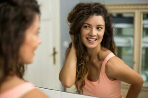 Beautiful woman with gorgeous long curly hair looking herself in the mirror photo