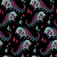 A pattern with space insects in the form of a centipede. Mechanical insects of blue and pink colors fly in space among the stars on black. Vector gradient illustration of an alien insect
