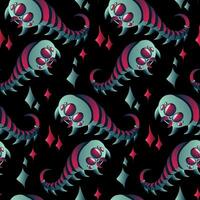 A pattern with space insects in the form of a centipede. Mechanical insects of blue and pink colors fly in space among the stars on black. Vector gradient illustration of an alien insect