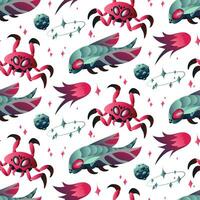 Pattern with space insects in the form of a fly and a crab. Mechanical insects of blue and pink colors fly in space among planets and constellations on a white background. Vector gradient illustration