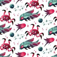 Pattern with space insects in the form of a fly and a crab. Mechanical insects of blue and pink colors fly in space among planets and constellations on a white background. Vector gradient illustration